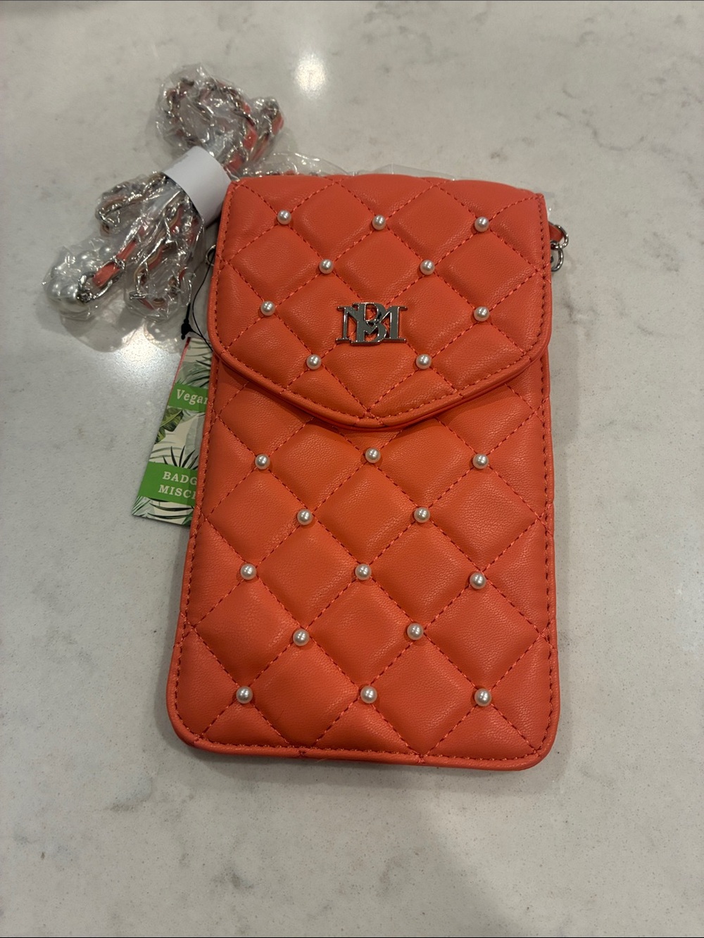 Badgley Mischka Quilted Pearl-Studded Coral Crossbody Phone Pouch